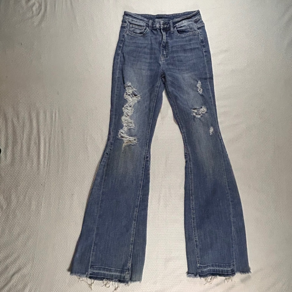 Flying Monkey Womens High Rise Distressed Flare Jeans Blue F4048 Size 28
